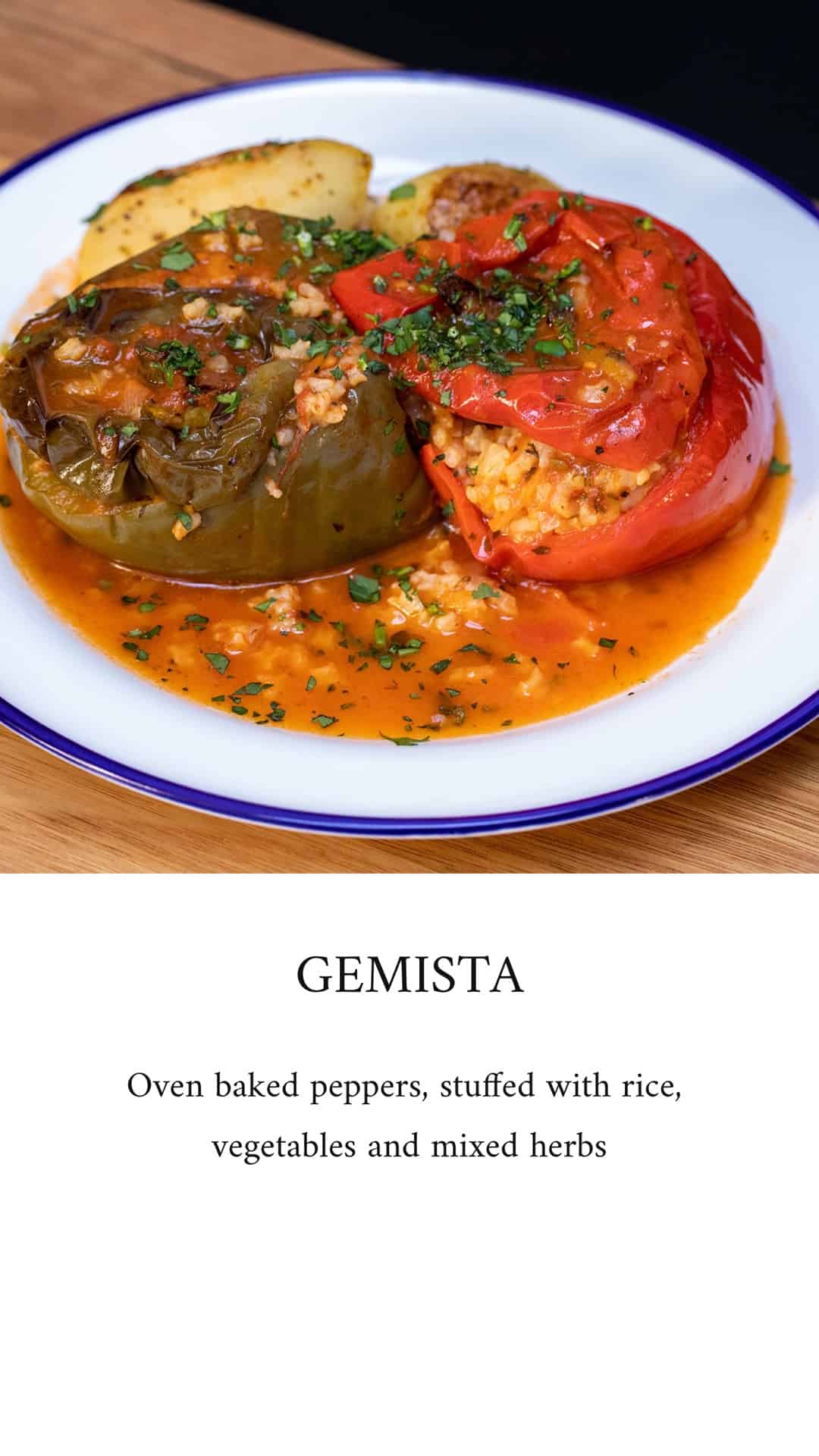Close up fo Gemista Greek vegan baked peppers dish stuffed with rice and herbs